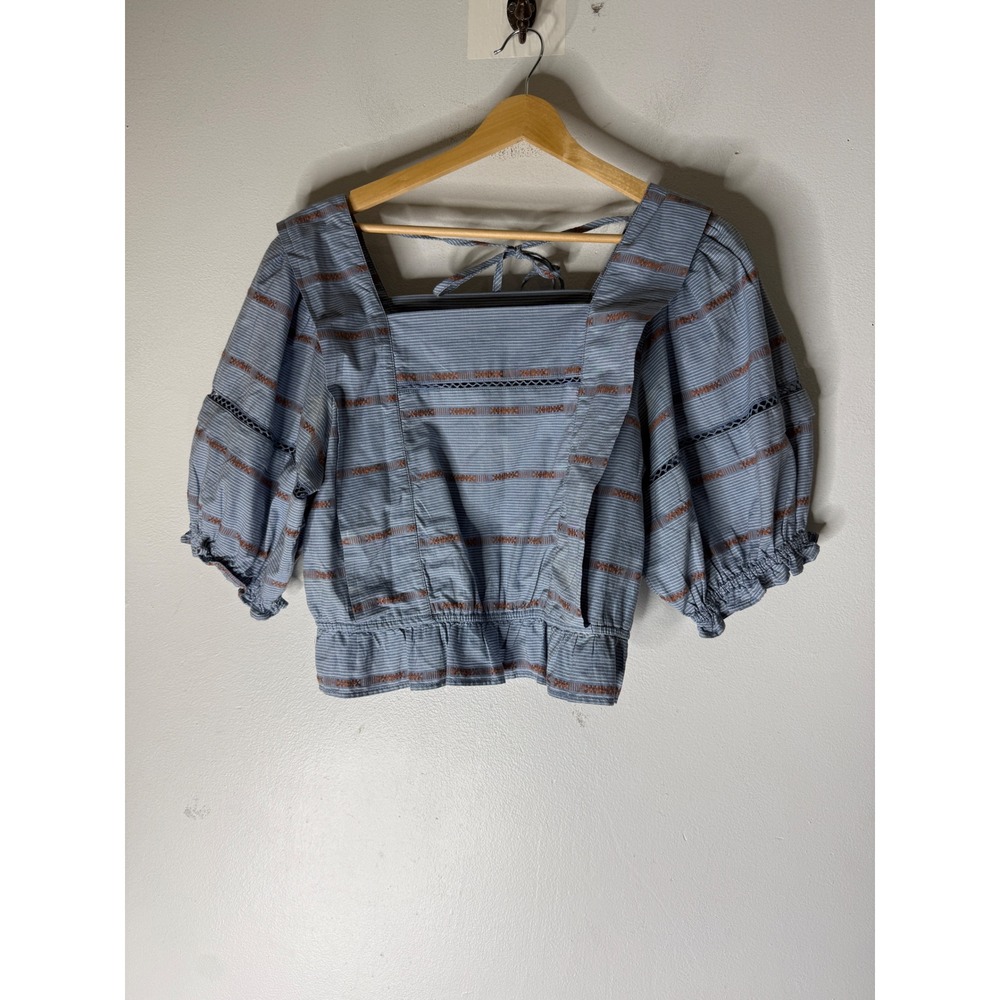Treasure & Bond Blue Pinstripe Embroidered Puff Sleeve Smocked Crop Blouse Small